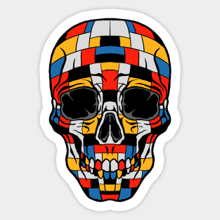 Skull In Piet Mondrian Art Composition with Red Blue and Yellow Sticker